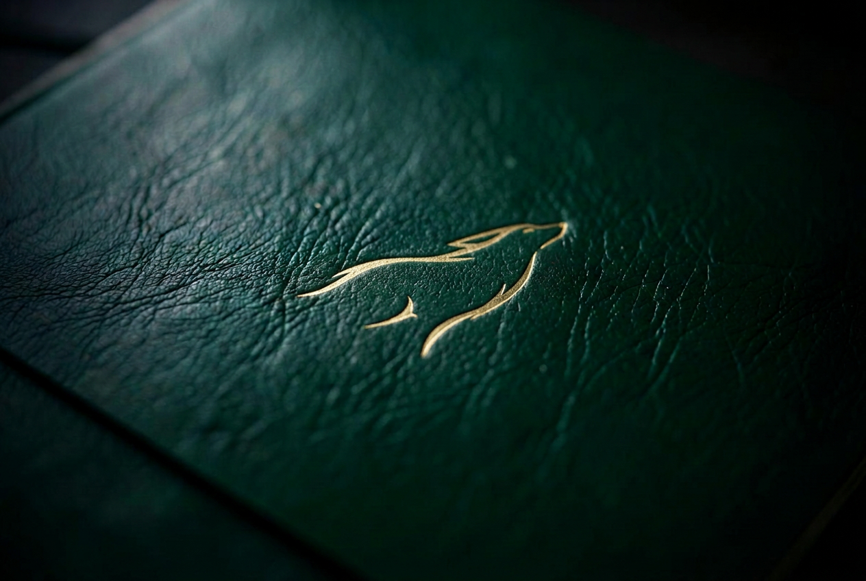 Deep green leather stationery embossed with a gold Curious Wolf emblem
