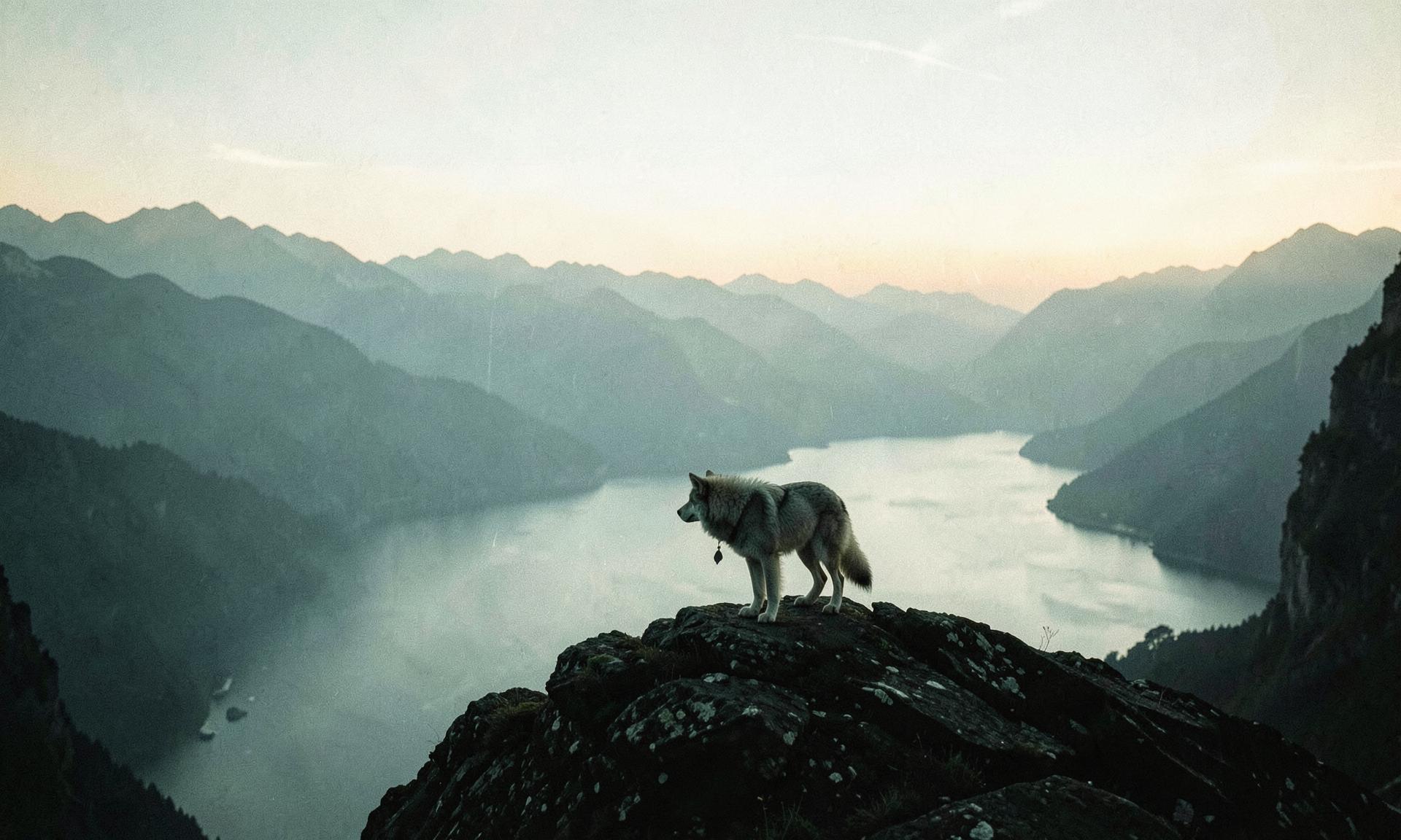 A lone wolf on a rocky outcrop above a misty mountain lake at dusk