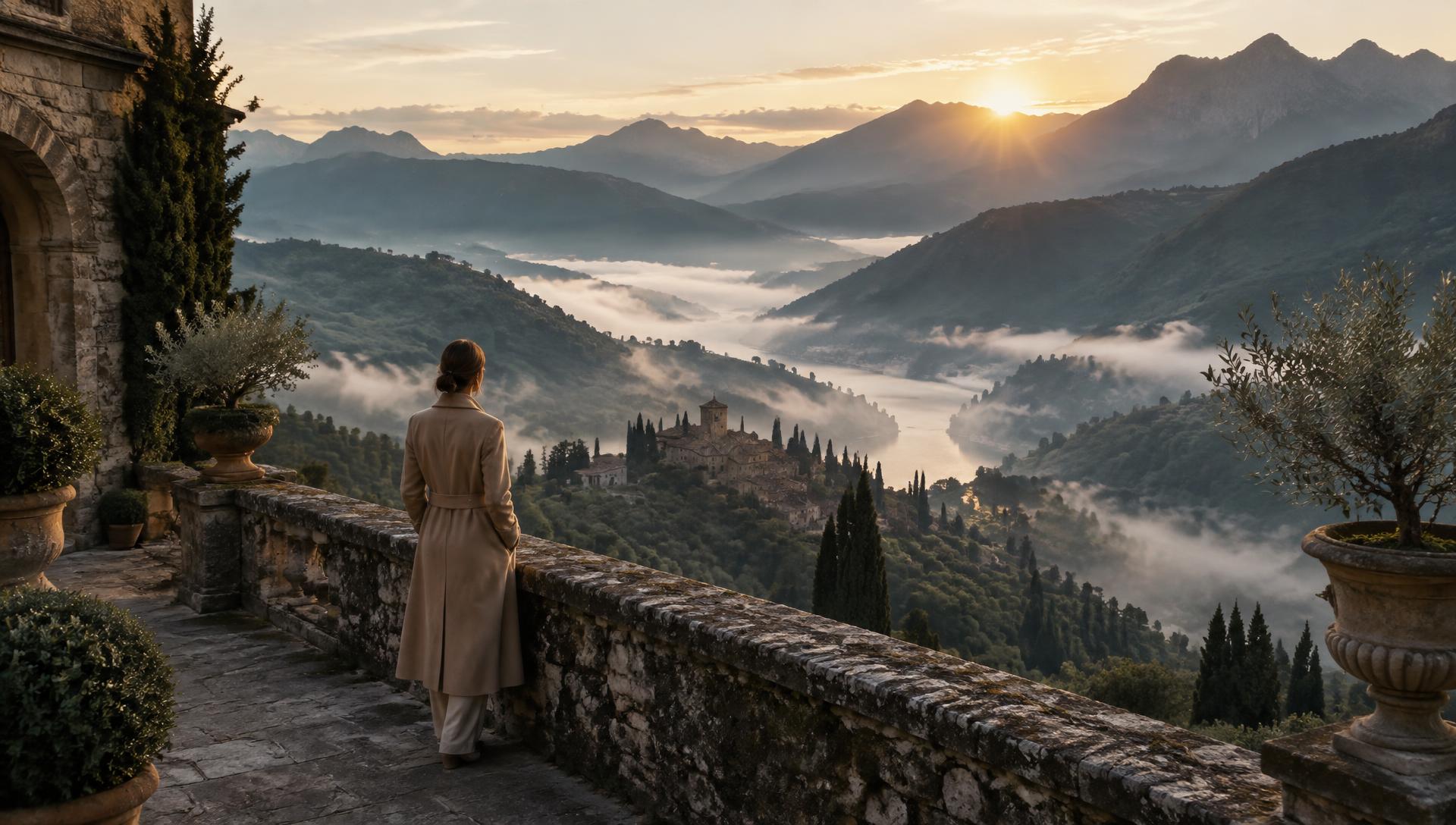 A woman in a sand coat stands on an ancient stone terrace overlooking a misty mountain valley at dawn