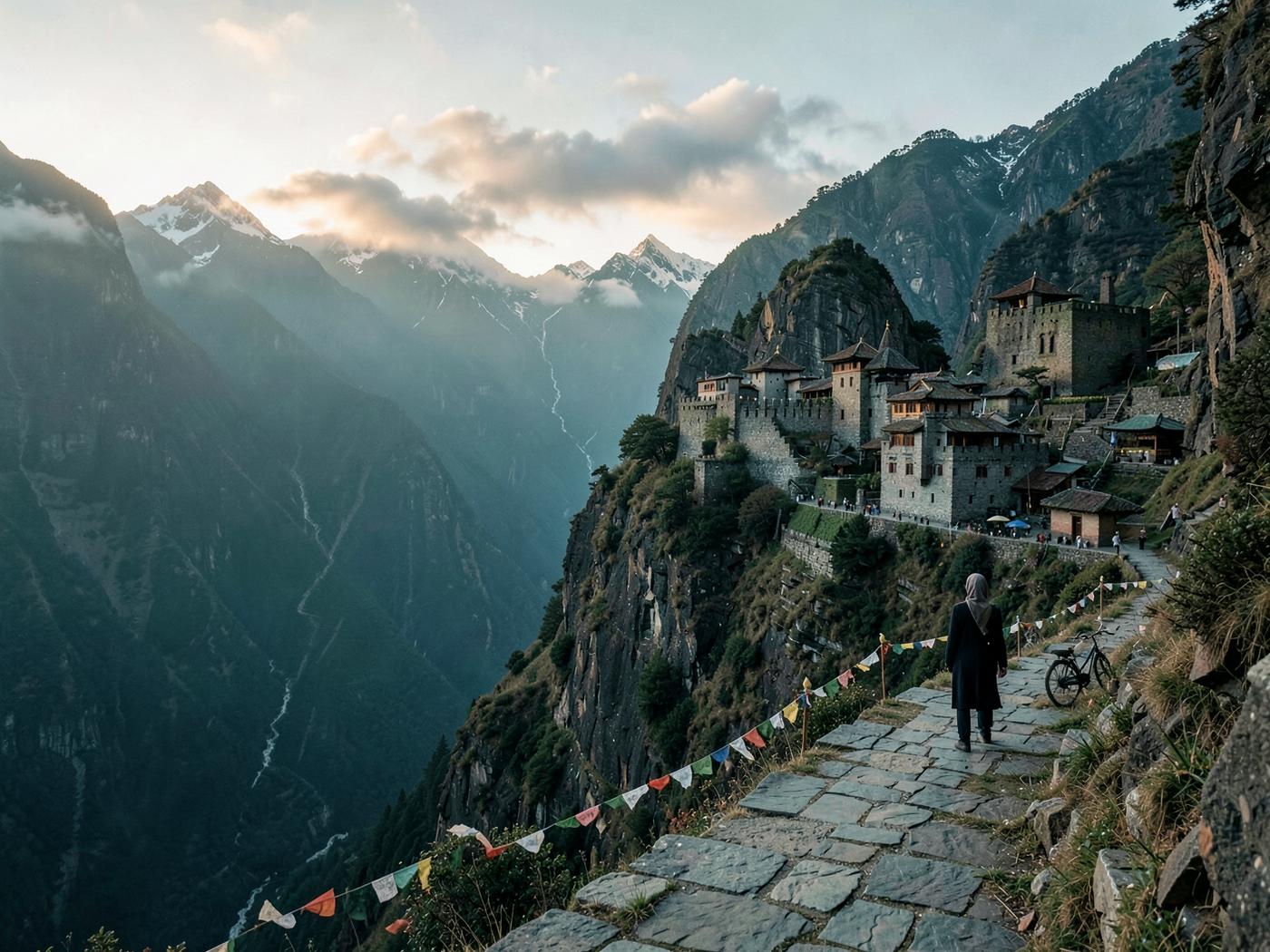 A traveller approaching a Himalayan monastery above a deep mountain valley in Bhutan