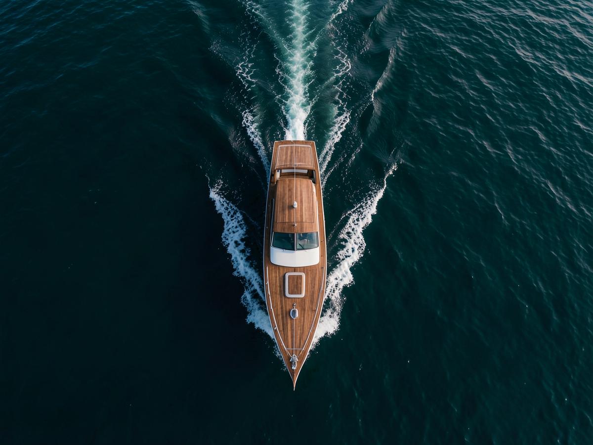 Aerial view of a classic wooden boat cutting through deep teal water