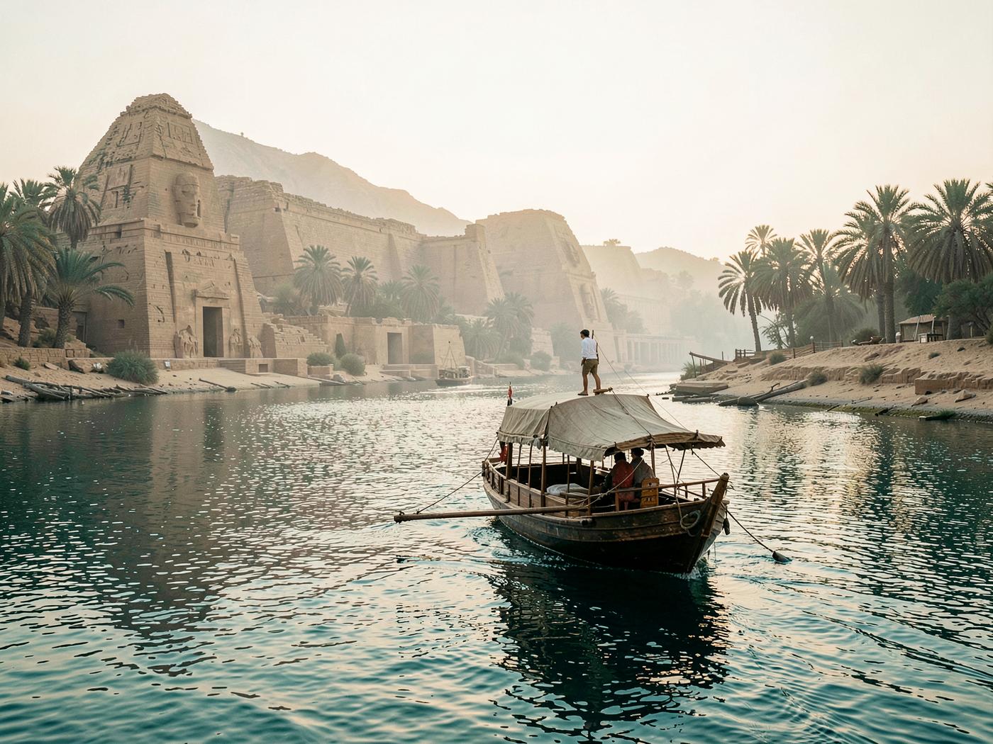 A traditional sailing vessel passing ancient temples and palms on the Nile at sunrise
