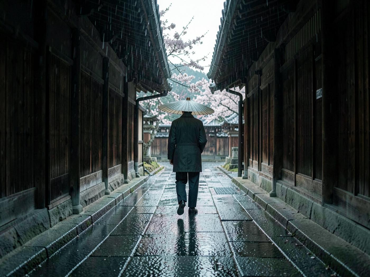 A lone traveller with an umbrella in a rain-darkened temple passage in Kyoto