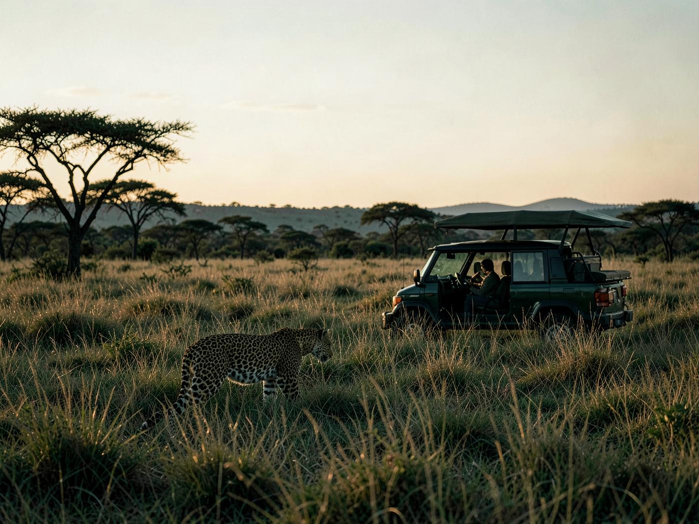 A leopard passing near a private safari vehicle in the South African bush